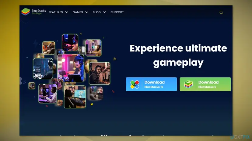 BlueStacks website homepage showing Download BlueStacks 10 and 5 buttons