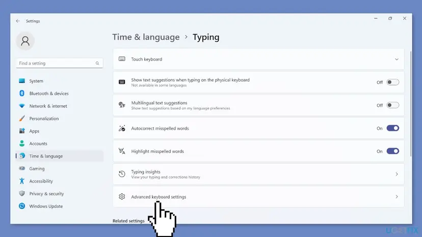 Windows 11 Settings, Time and language, Typing page with Advanced keyboard settings at the bottom of the list