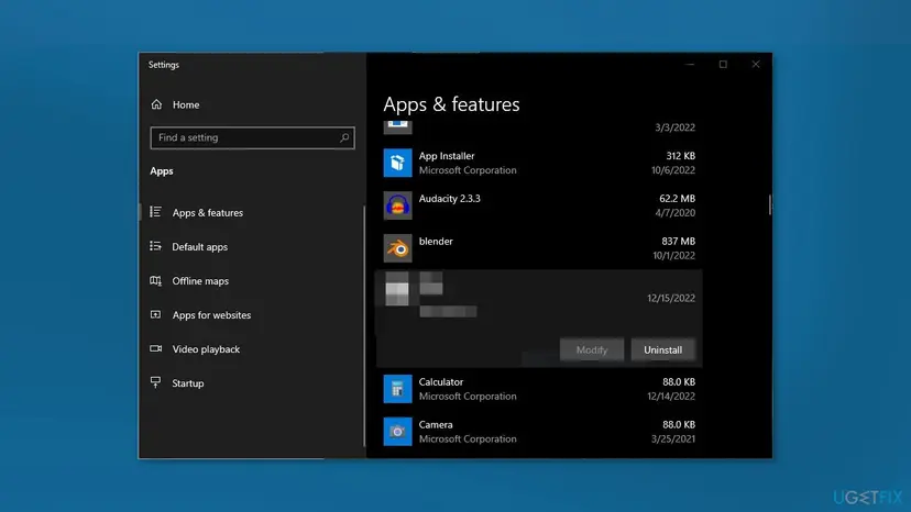 Settings app on Windows 10 at Apps and features with one program selected and its Modify and Uninstall buttons shown
