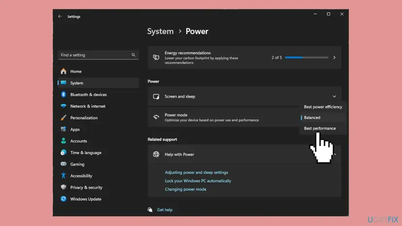 Windows 11 Settings, System, Power page with the Power mode list open showing Best power efficiency, Balanced and Best performance