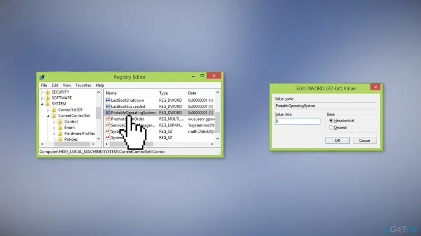 Registry Editor at HKEY_LOCAL_MACHINE SYSTEM CurrentControlSet Control with PortableOperatingSystem selected and its Edit DWORD window set to 0
