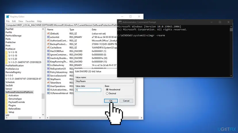Registry Editor open at the SoftwareProtectionPlatform key with the SkipRearm value, and an administrator Command Prompt with the slmgr -rearm command typed
