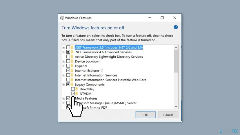 Windows Features dialog of 32-bit Windows 10 with Legacy Components expanded and the NTVDM check box selected