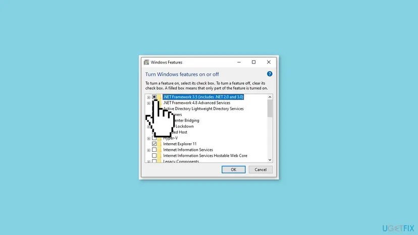 Windows Features window listing .NET Framework 3.5 (includes .NET 2.0 and 3.0) and .NET Framework 4.8 Advanced Services at the top