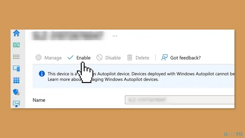 Microsoft Entra device page of a Windows Autopilot device with the Manage, Enable, Disable and Delete buttons and the Enable button highlighted