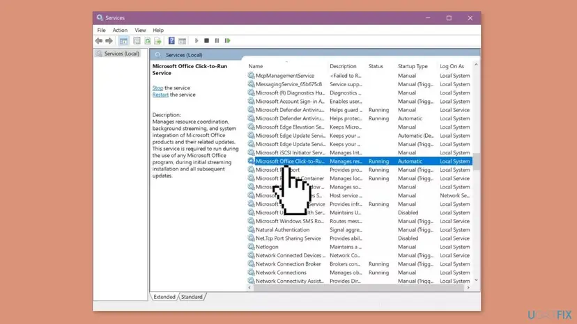 Windows Services window with Microsoft Office Click-to-Run Service selected, its status Running and startup type Automatic, and its description on the left