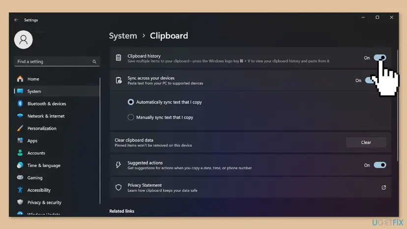 Windows 11 Settings at System, Clipboard with the Clipboard history toggle turned on and the Clear clipboard data button below