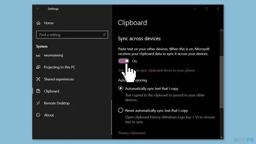 Windows 10 Settings, System, Clipboard page with the Sync across devices toggle switched on