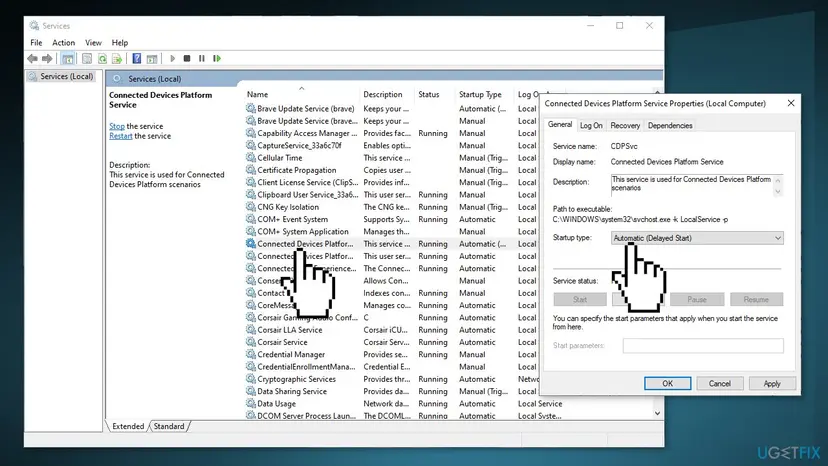 Connected Devices Platform Service Properties on the General tab, service name CDPSvc, Startup type set to Automatic (Delayed Start)