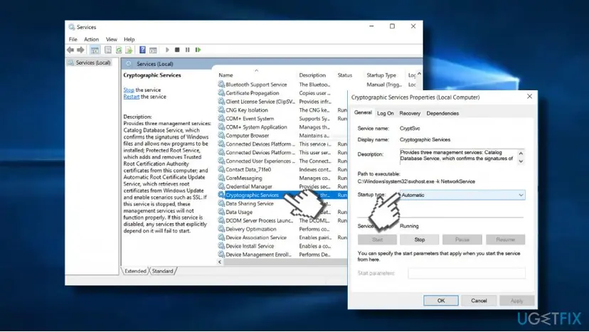 Windows 10 Services window with Cryptographic Services selected and its Properties dialog showing service name CryptSvc, Startup type Automatic and status Running