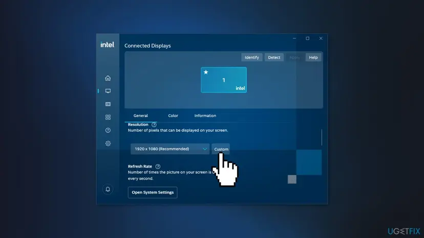 Intel Graphics Command Center on Connected Displays, General tab, with Resolution at 1920 x 1080 Recommended and the pointer on the Custom button