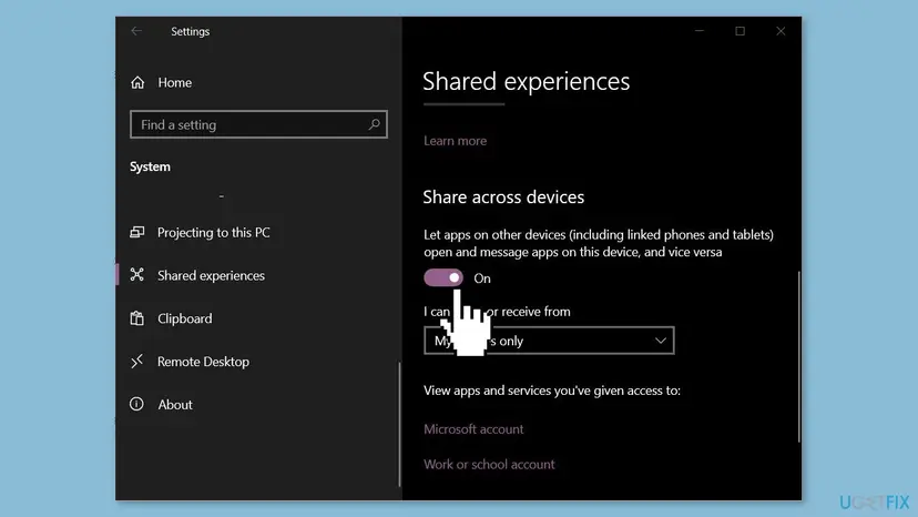 Windows Settings, System, Shared experiences page with the Share across devices setting set to My devices only