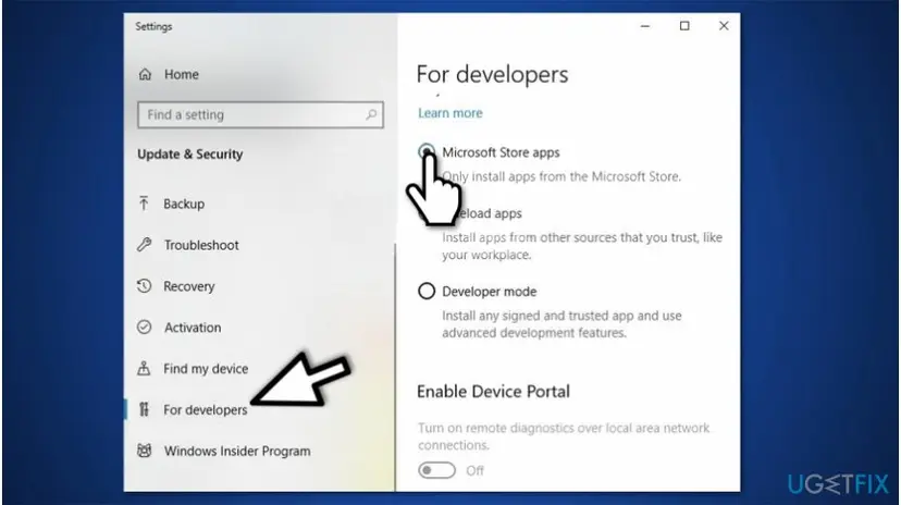 Enable microsoft store apps from developers tab