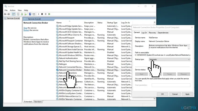 Services list with Network Connection Broker shown as Manual (Trigger Start) and its Properties window with service name NcbService