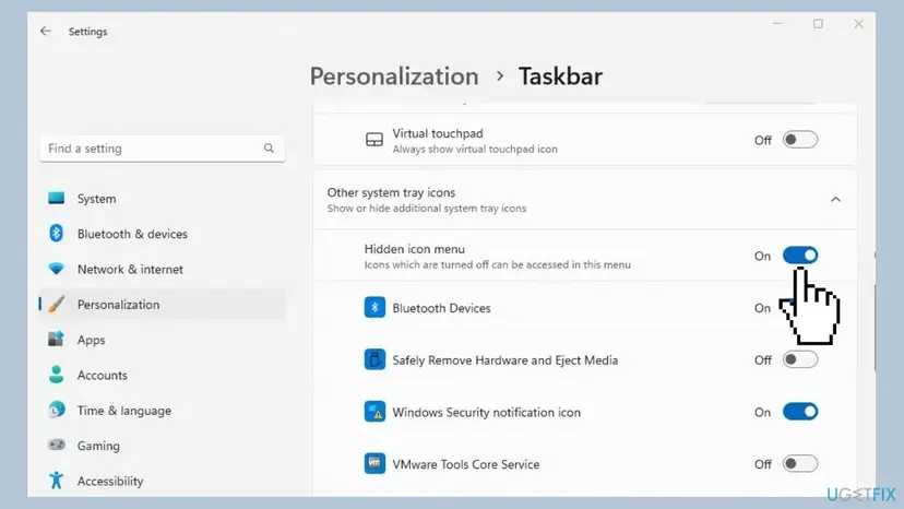 Windows 11 Settings, Personalization > Taskbar, Other system tray icons expanded with the Hidden icon menu switch on and app icon switches below it