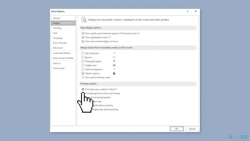 Word Options Display page with Print drawings created in Word ticked under Printing options