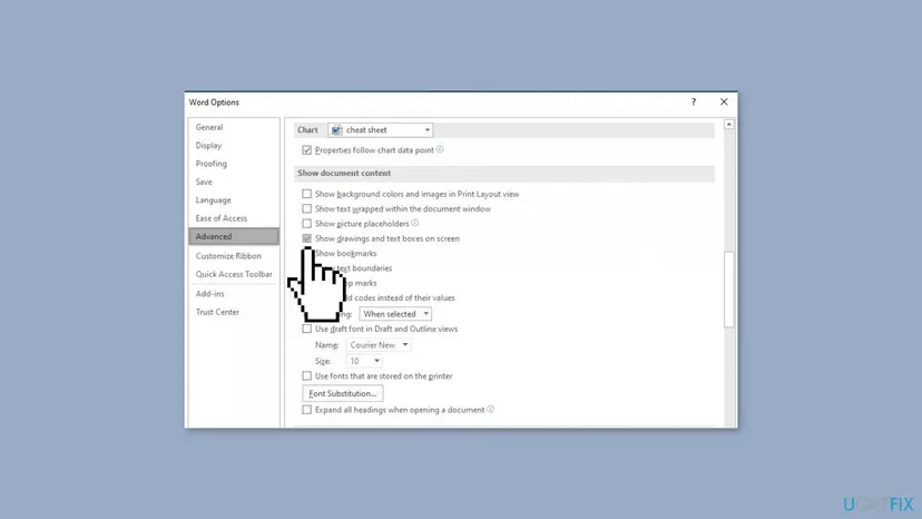 Word Options Advanced page, Show document content section, with Show drawings and text boxes on screen ticked