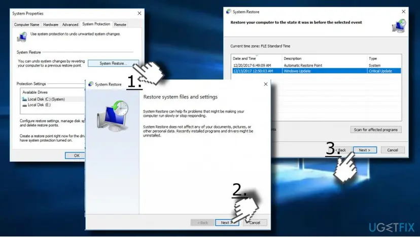 System Properties on the System Protection tab, the System Restore wizard and a list of restore points with dates and types