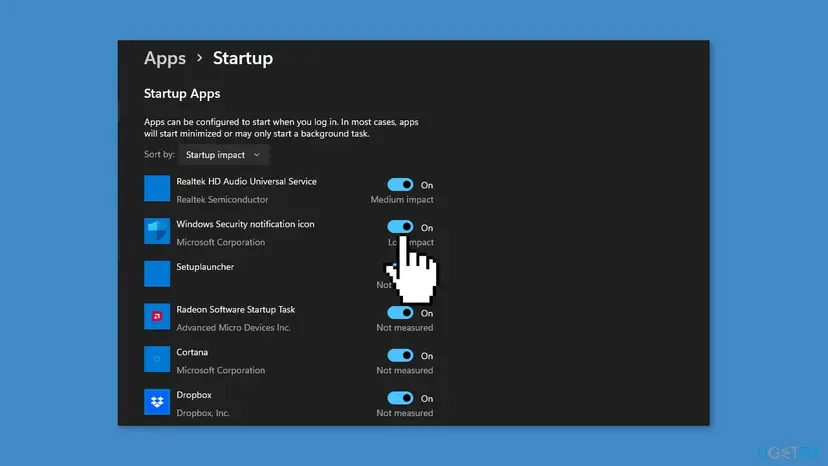 Windows 11 Settings, Apps > Startup page with the Windows Security notification icon by Microsoft Corporation switched On
