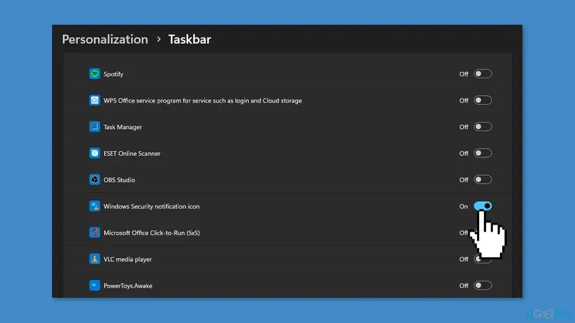 Windows 11 Settings, Personalization > Taskbar, Other system tray icons list with the Windows Security notification icon switch turned On