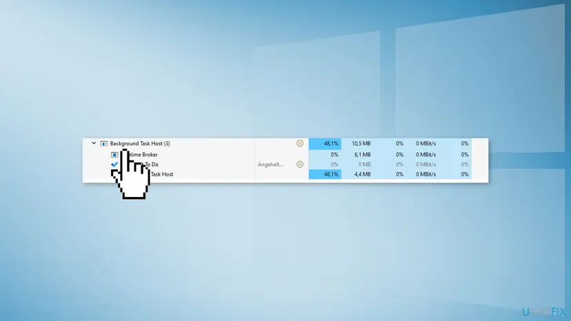 Task Manager with an expanded Background Task Host (3) group using 48.1 % CPU, with Runtime Broker, a paused Microsoft To Do entry and a Background Task Host line inside