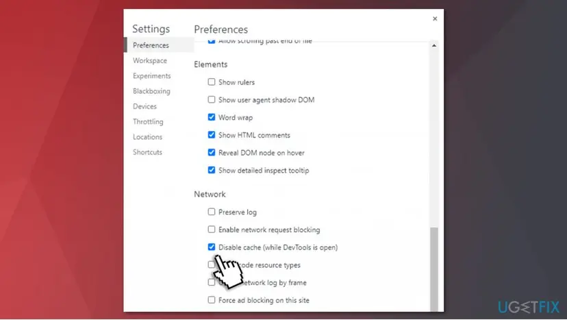 DevTools Settings on the Preferences page, Network group, with the checkbox Disable cache (while DevTools is open) ticked