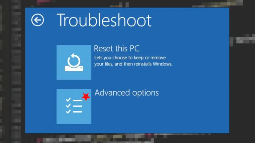 Troubleshoot recovery screen with Reset this PC and the Advanced options tile marked with a star