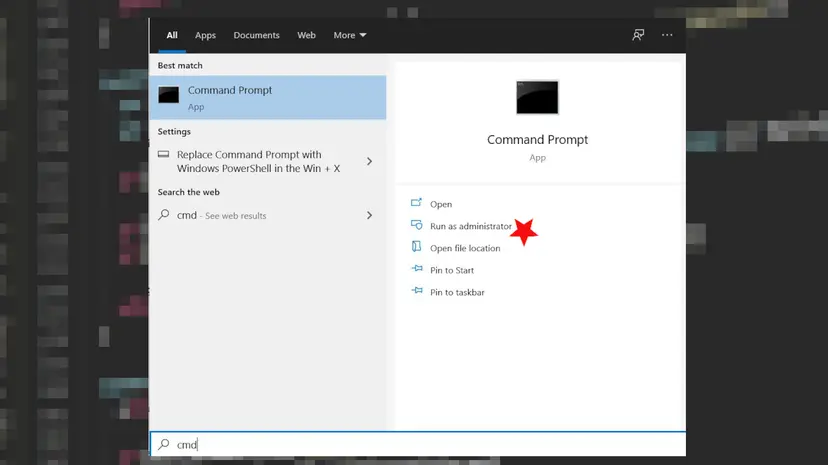 Windows search results showing Command Prompt with the Run as administrator option highlighted