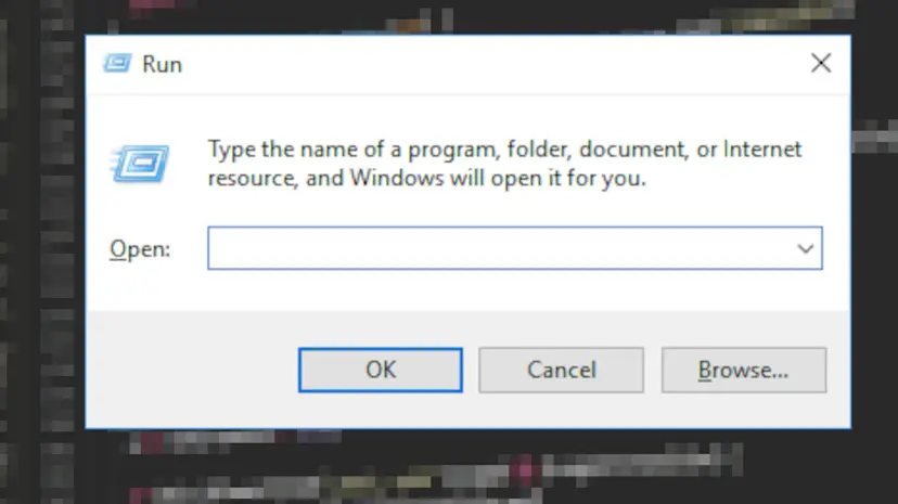 Windows Run dialog box with an empty Open field, where you type eventvwr.msc to open Event Viewer