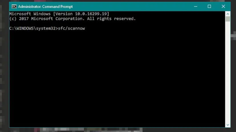 Administrator Command Prompt window with the sfc /scannow command typed in and ready to run