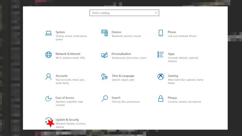 Windows 10 Settings window with the Update and Security category highlighted