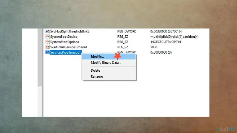 Right-click menu on the ServicesPipeTimeout value in Registry Editor with Modify, Modify Binary Data, Delete and Rename