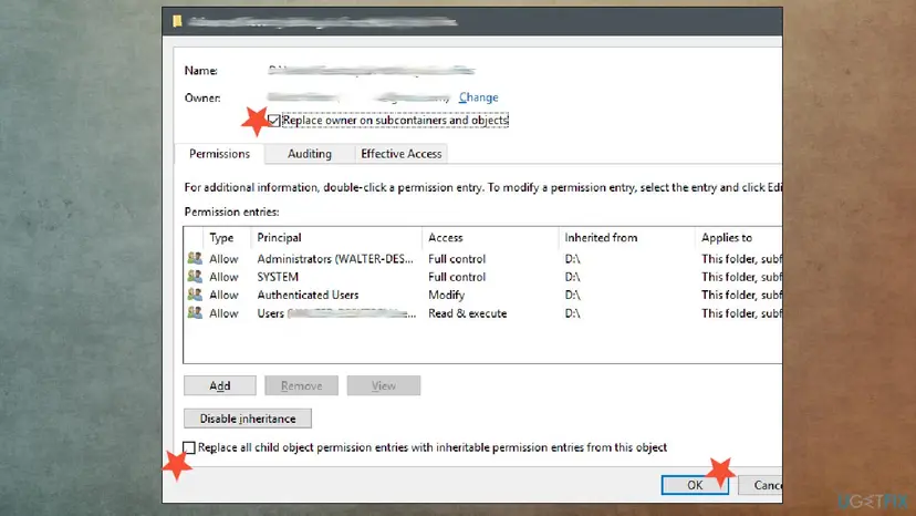 Advanced Security Settings of a folder with permission entries for Administrators and SYSTEM on Full control, Authenticated Users and Users