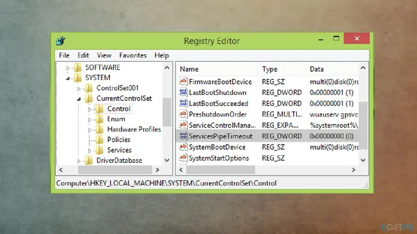 Registry Editor open at HKEY_LOCAL_MACHINE SYSTEM CurrentControlSet Control with the ServicesPipeTimeout DWORD value selected in the right pane