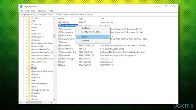Registry Editor on Windows 10 at HKEY_LOCAL_MACHINE SYSTEM CurrentControlSet Services Dhcp with the DependOnService value selected and its menu showing Modify and Delete