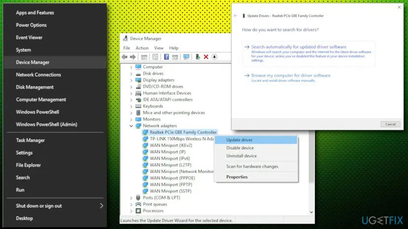 Device Manager on Windows 10 with Network adapters expanded, the right-click menu on a Realtek PCIe GBE Family Controller showing Update driver and Uninstall device