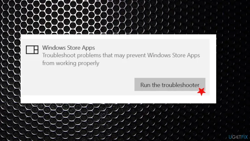 The Windows Store Apps entry opened in Windows 10 Settings with its description and the Run the troubleshooter button
