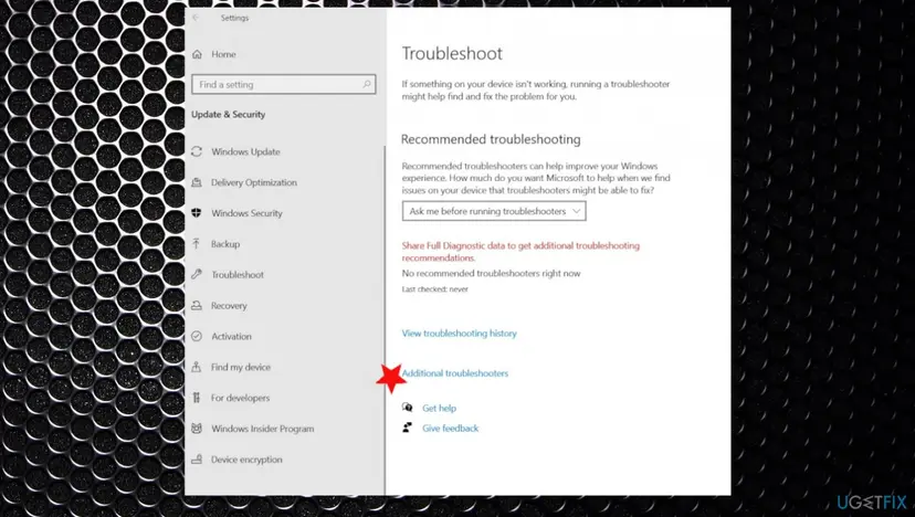 Windows 10 Settings page Additional troubleshooters with the list of troubleshooters and Windows Store Apps marked at the bottom of the list