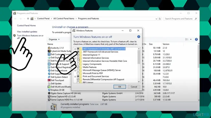 Windows Features dialog opened from Programs and Features with the .NET Framework 3.5 (includes .NET 2.0 and 3.0) box selected