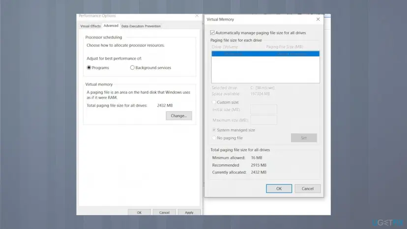 Performance Options and Virtual Memory windows on Windows 10 with Automatically manage paging file size for all drives ticked and drive C set to System managed