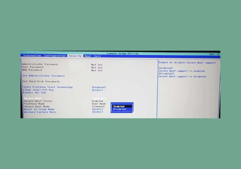 Lenovo Setup Utility, Security tab, with the Secure Boot option open and Enabled and Disabled to choose from