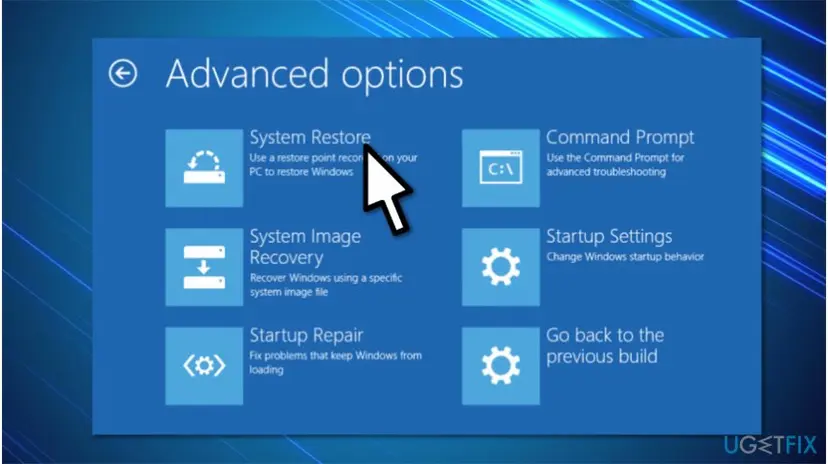 Advanced options screen of the Windows recovery environment with System Restore, Command Prompt, System Image Recovery, Startup Settings, Startup Repair and Go back to the previous build