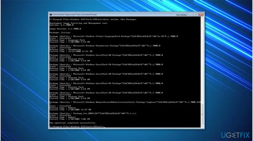 Command Prompt window with DISM Get-Packages output listing Package Identity, State, Release Type and Install Time for each installed Windows package