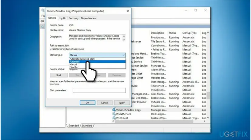 Fix 0x80070005 error by selecting startup type to automatic