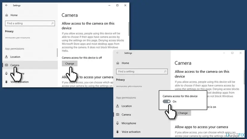 Windows 10 Settings Privacy Camera page with the Change button and the Camera access for this device switch turned on