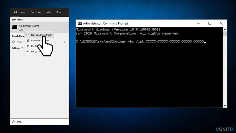 Command Prompt opened as administrator on Windows 10 with the slmgr.vbs /ipk command typed to install a product key