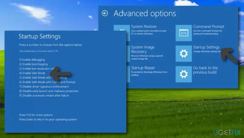Advanced options screen of Windows recovery next to the Startup Settings list with the Safe Mode options