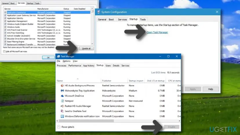 System Configuration window with the Services tab and Task Manager with the Startup tab open on the desktop