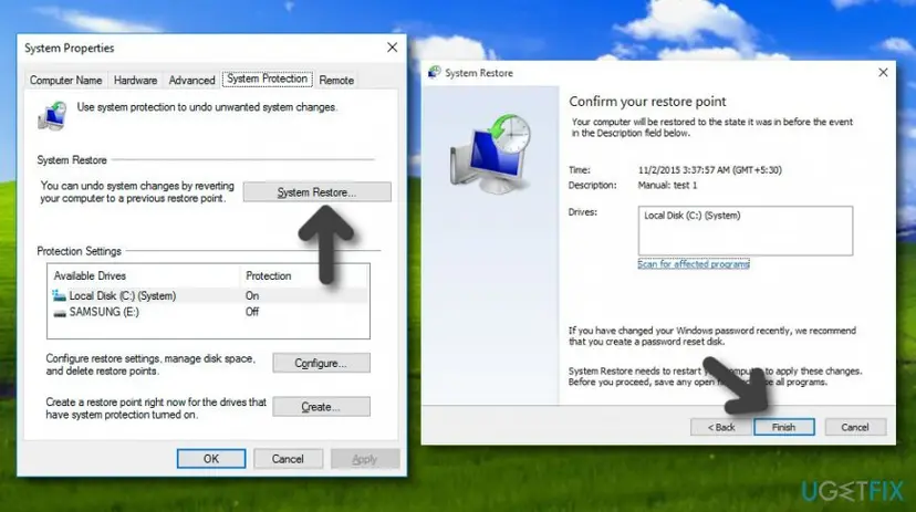 System Properties window on the System Protection tab next to the System Restore confirmation page with the Finish button