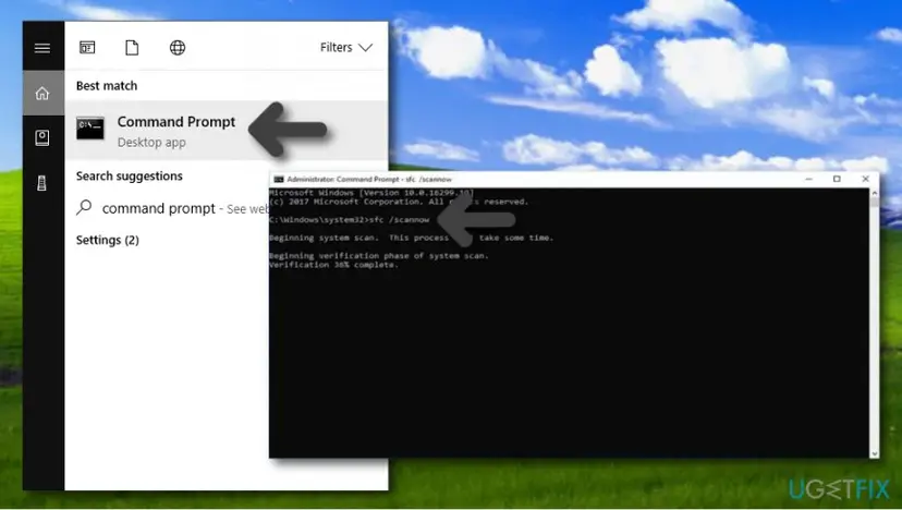 Start search showing Command Prompt with Run as administrator and an administrator Command Prompt window running sfc /scannow